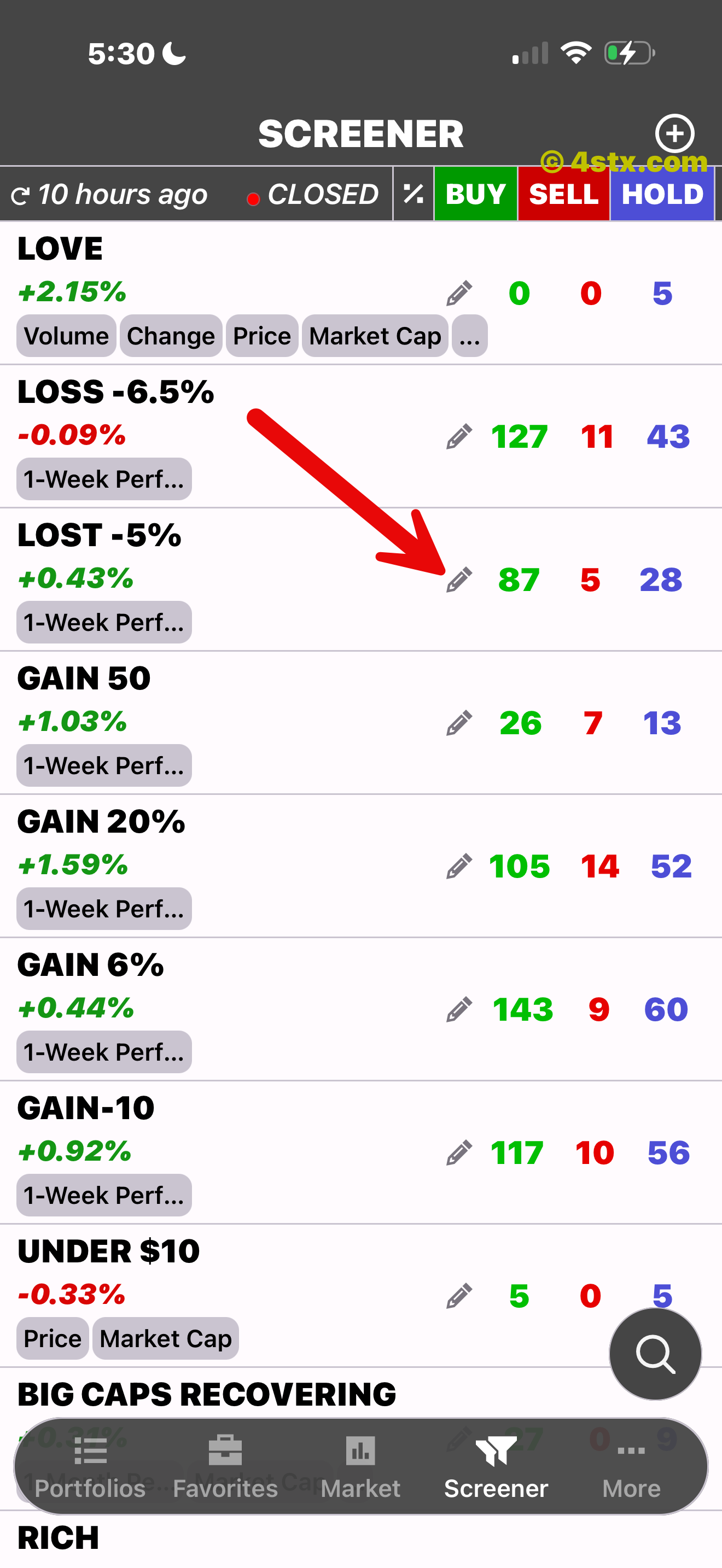 Red arrow pointing to the edit control for a saved StockRank screener