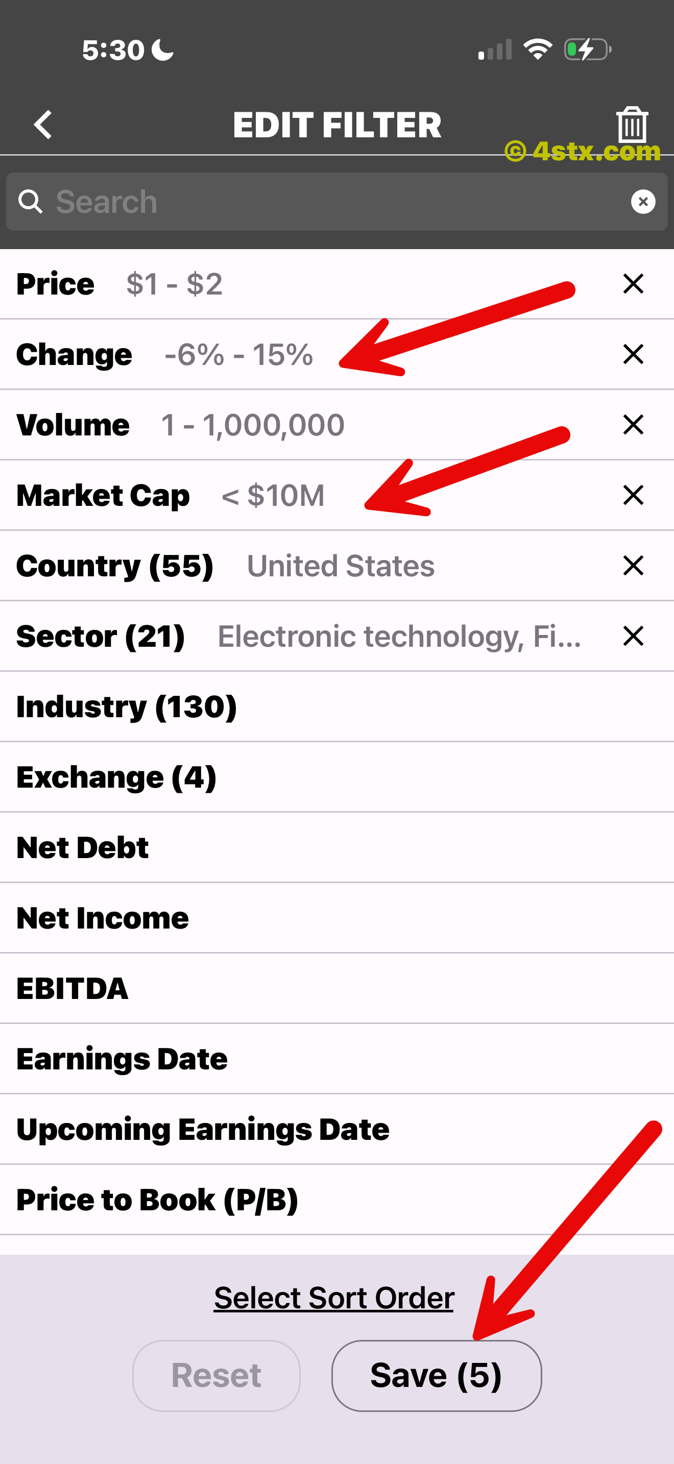 Red arrows highlighting StockRank screener criteria and the Save button