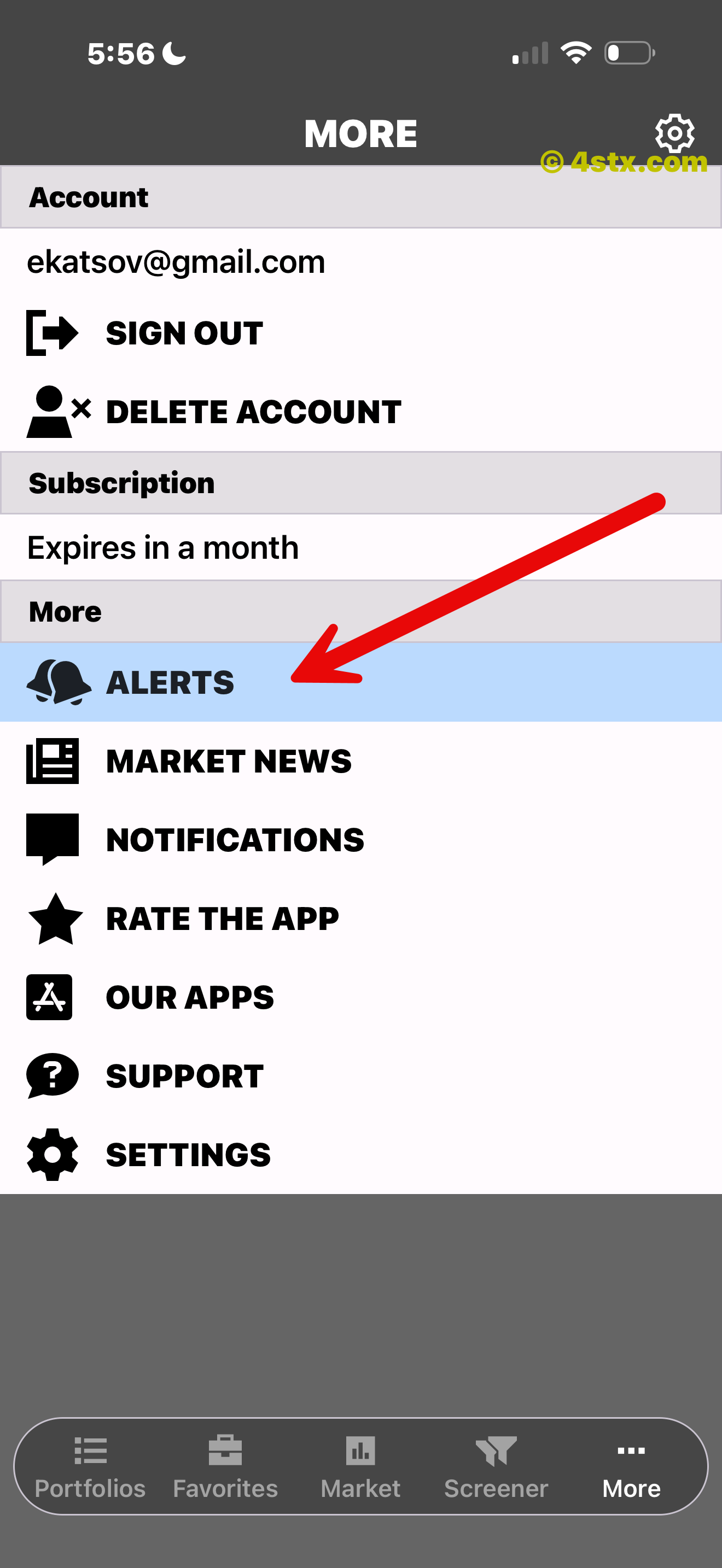 Red arrow pointing to Alerts in the StockRank More menu