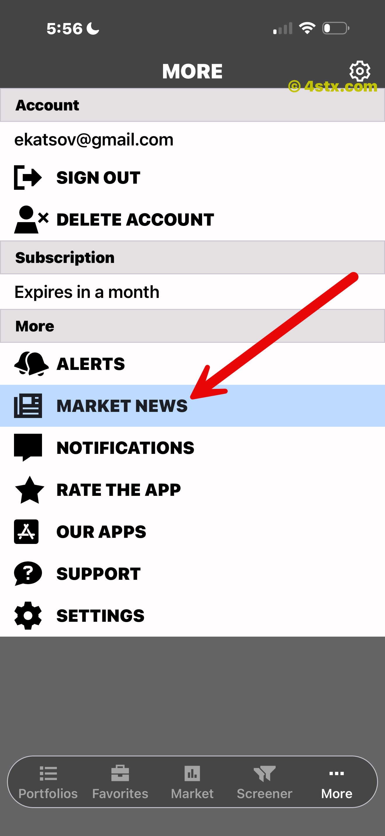 Red arrow pointing to Market News in the StockRank More menu