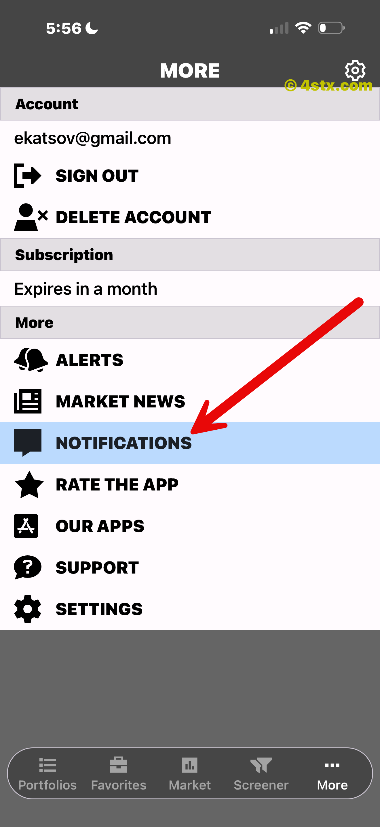 Red arrow pointing to Notifications in the StockRank More menu