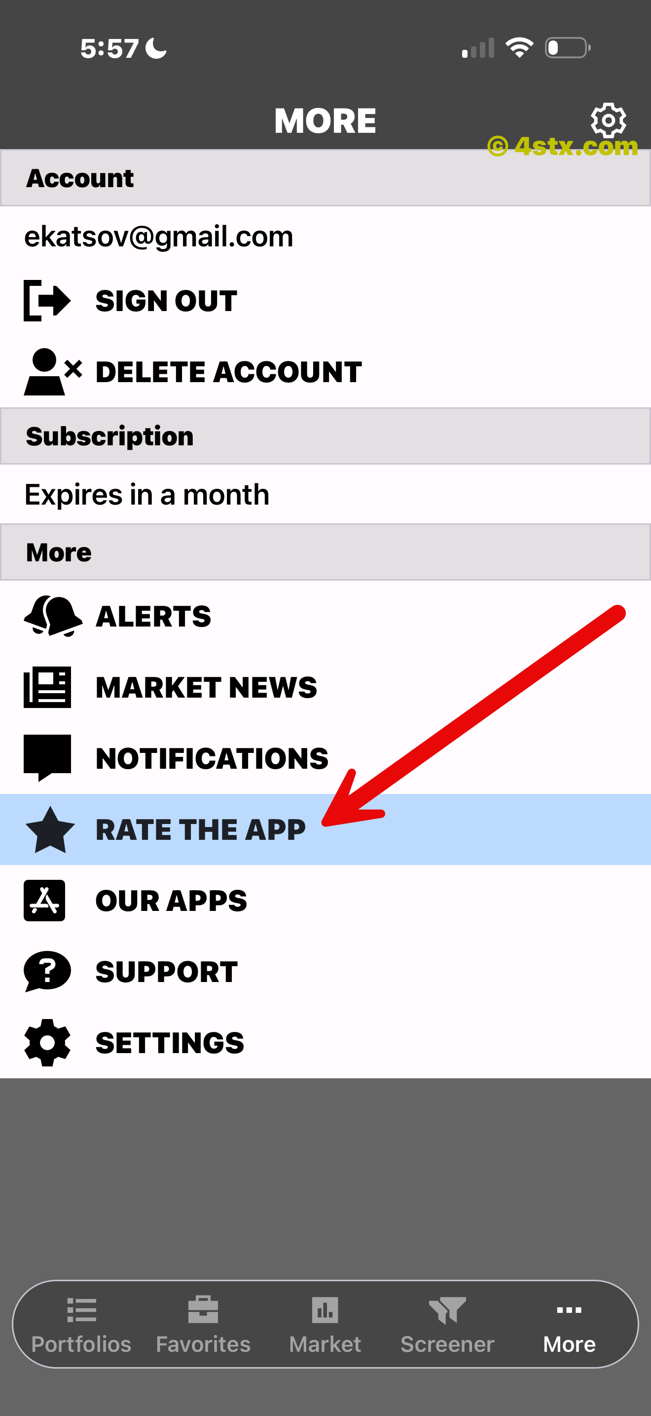 Red arrow pointing to Rate the App in the StockRank More menu