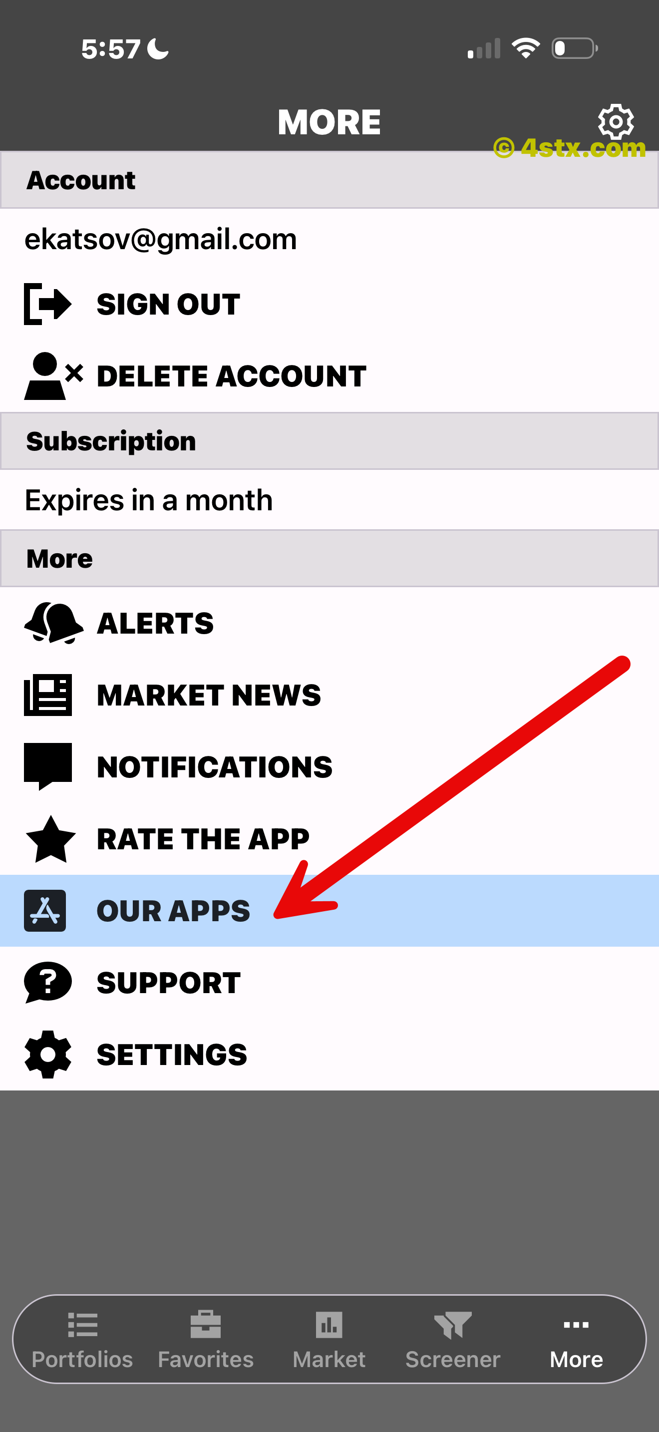 Red arrow pointing to Our Apps in the StockRank More menu