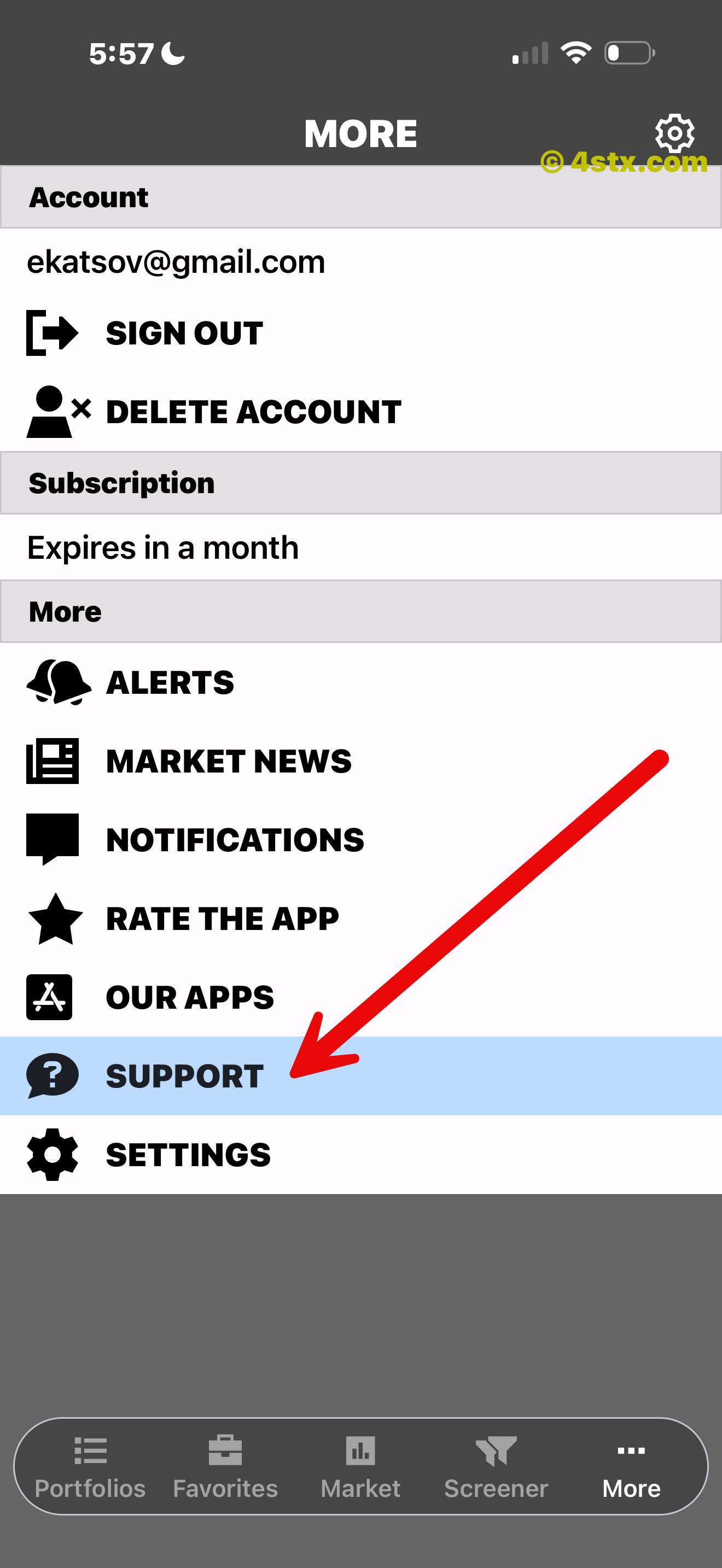 Red arrow pointing to Support in the StockRank More menu