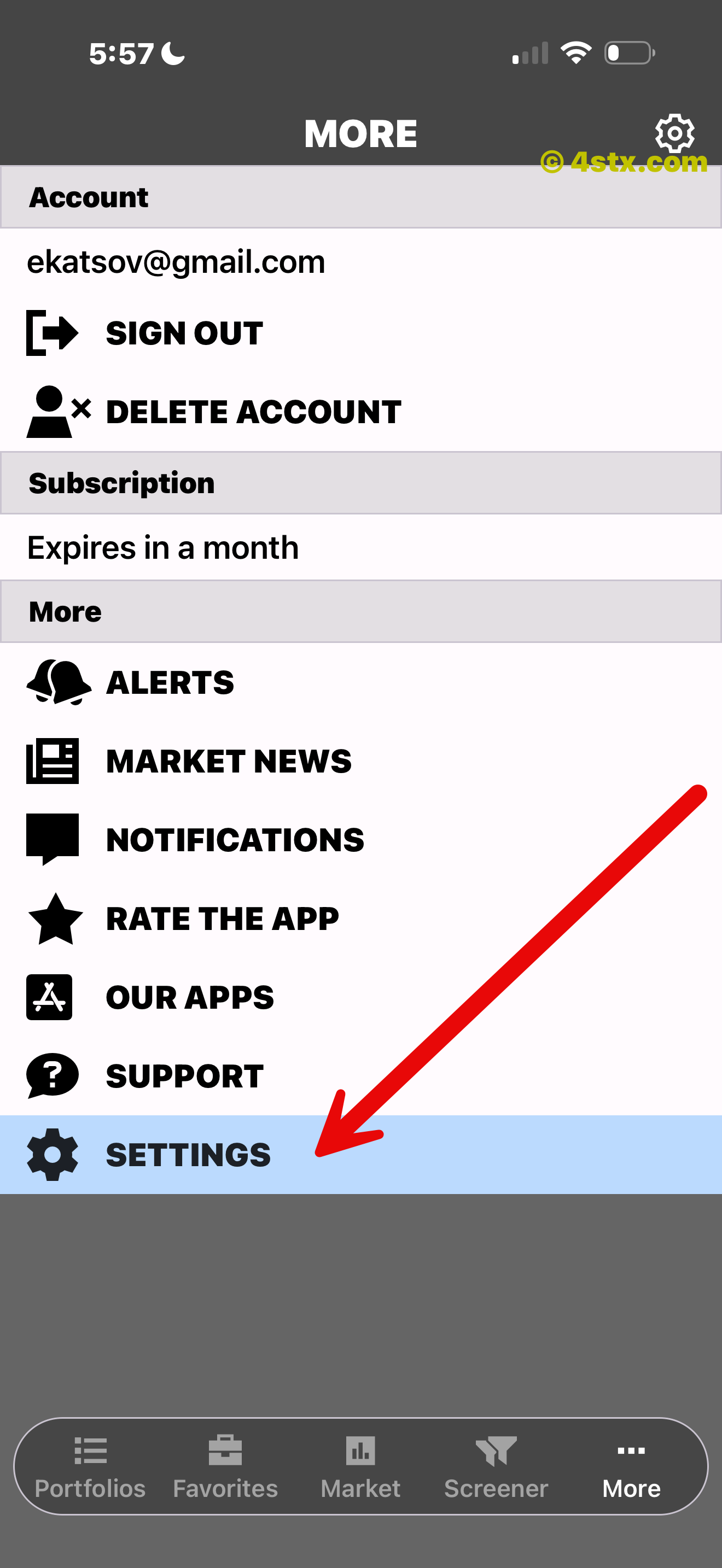Red arrow pointing to Settings in the StockRank More menu