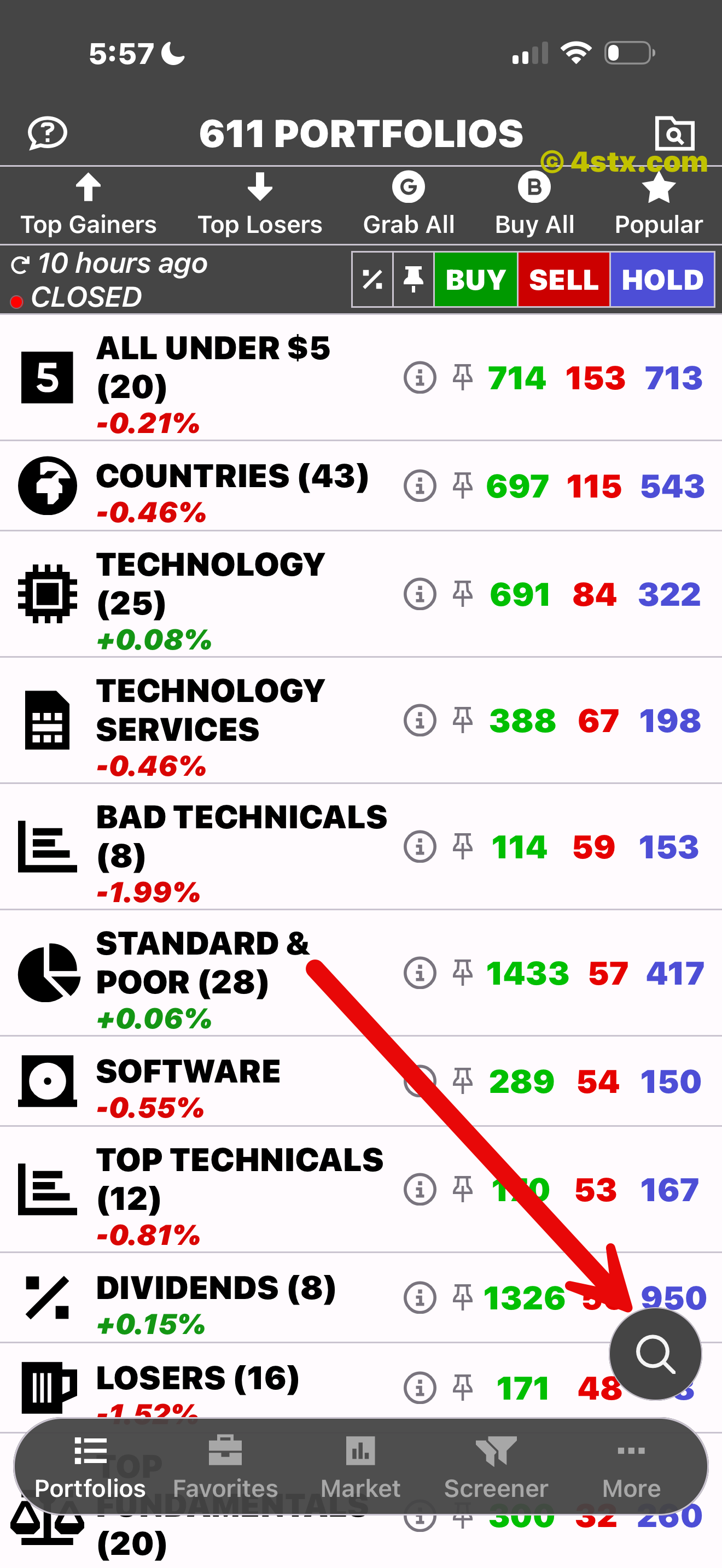 Red arrow pointing to the lower-right stock-search magnifier in StockRank