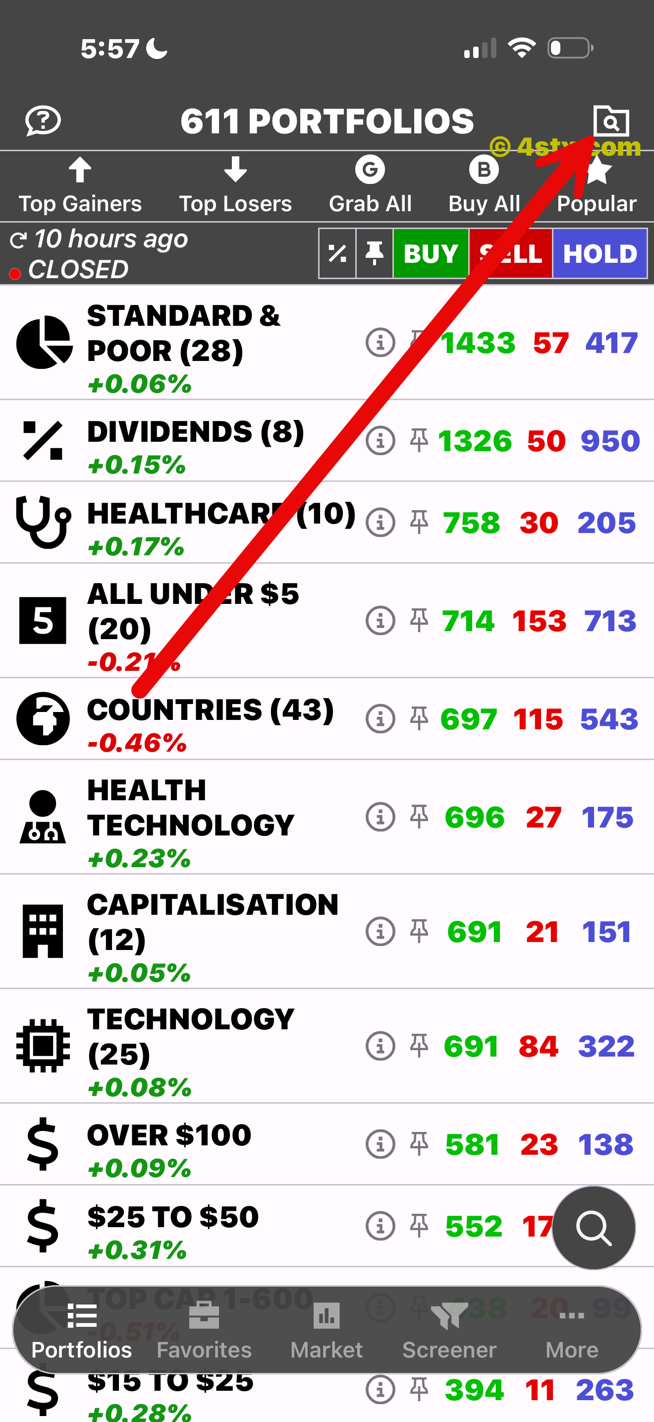 Red arrow pointing to the upper-right portfolio-search folder in StockRank