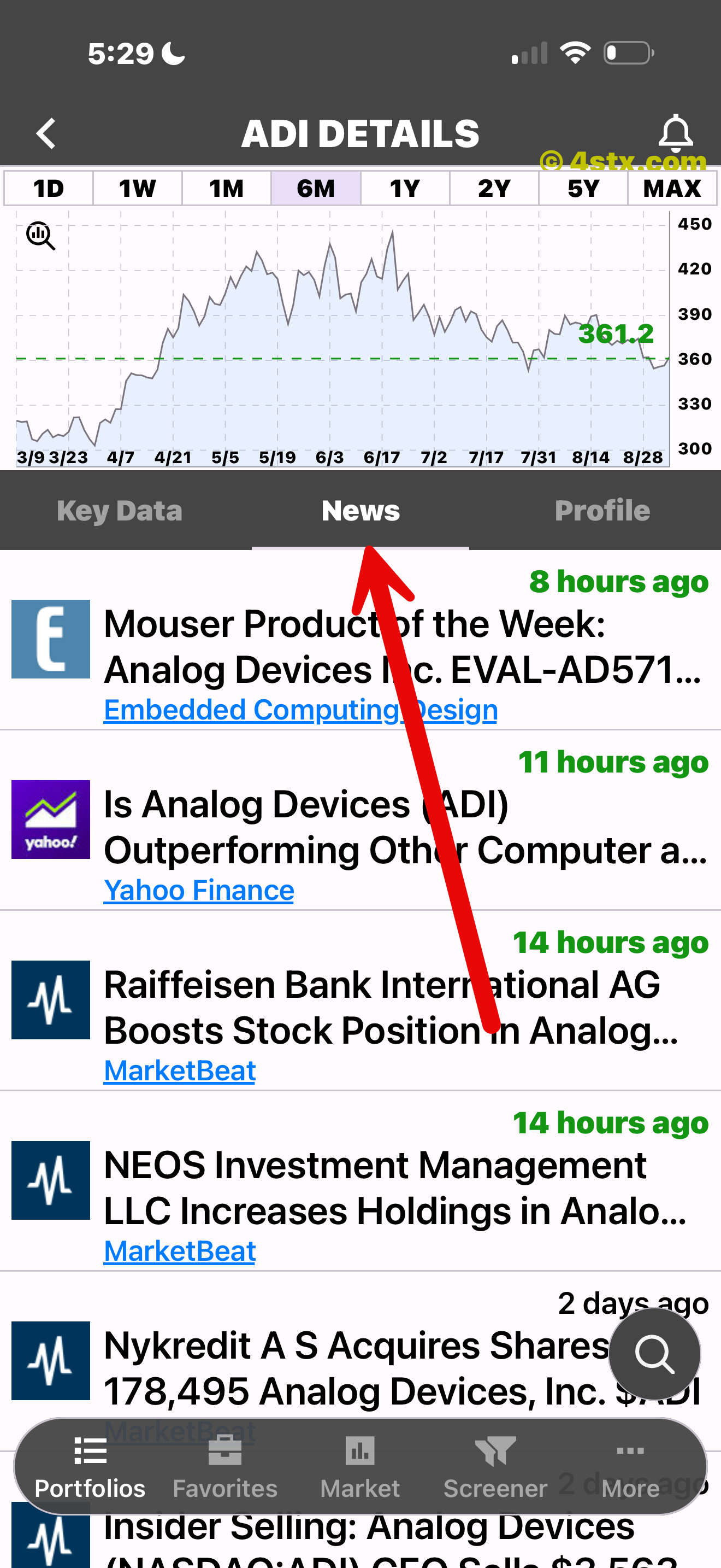 Red arrow pointing to the News tab in StockRank