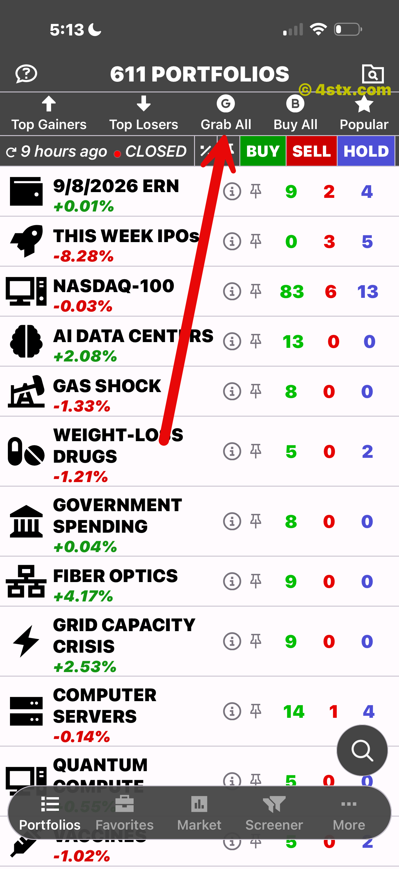 Red arrow pointing to Grab All in StockRank