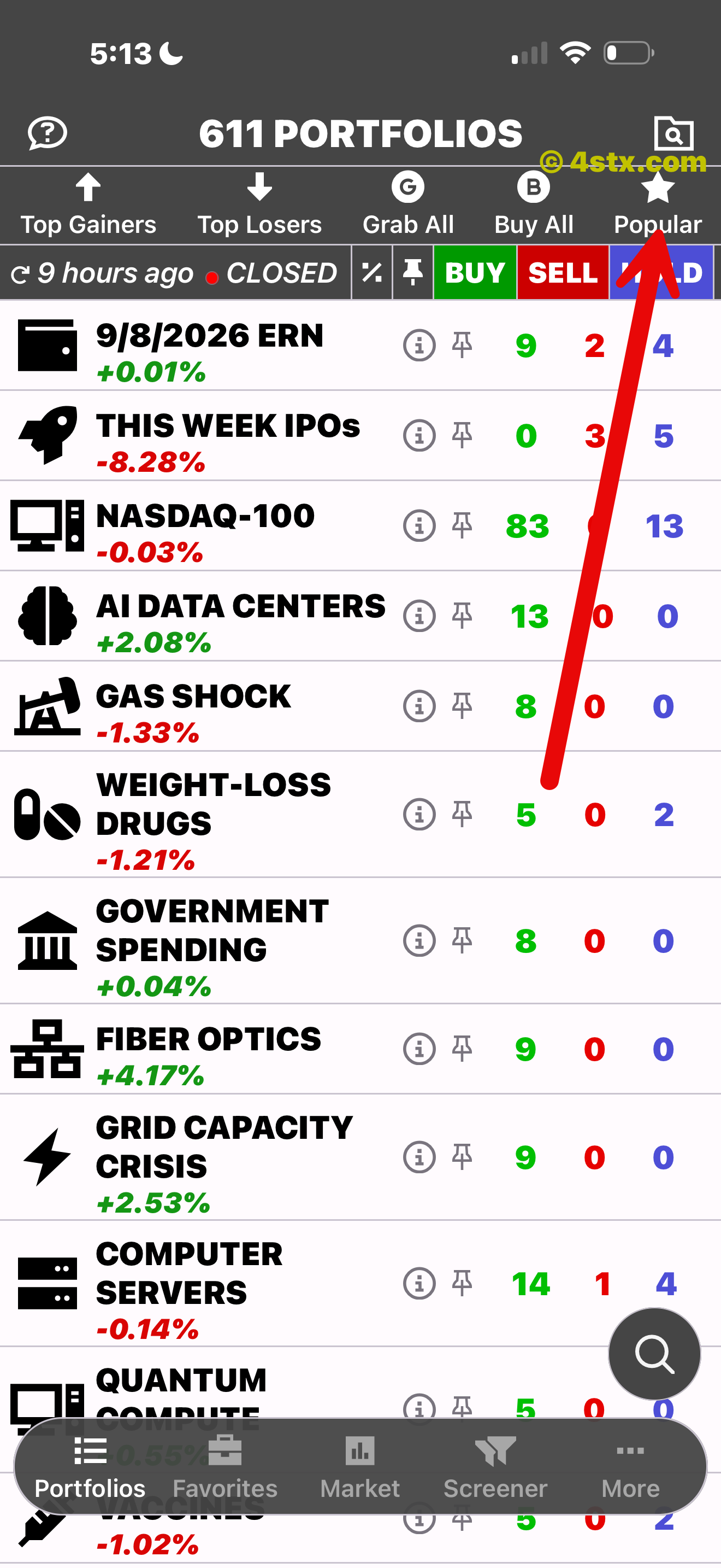 Red arrow pointing to Popular in StockRank