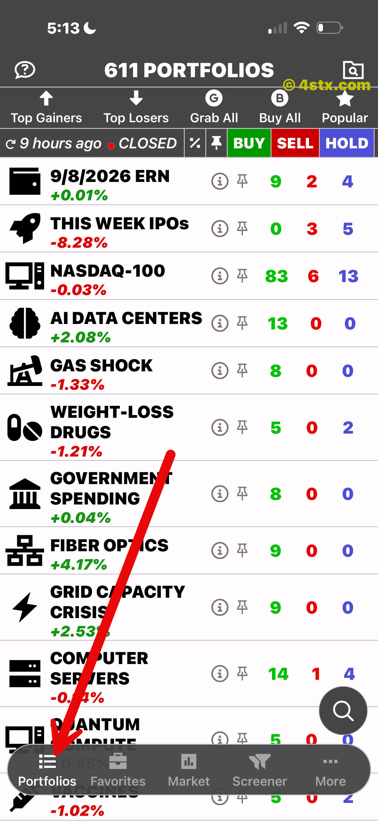 Red arrow pointing to the Portfolios tab in StockRank