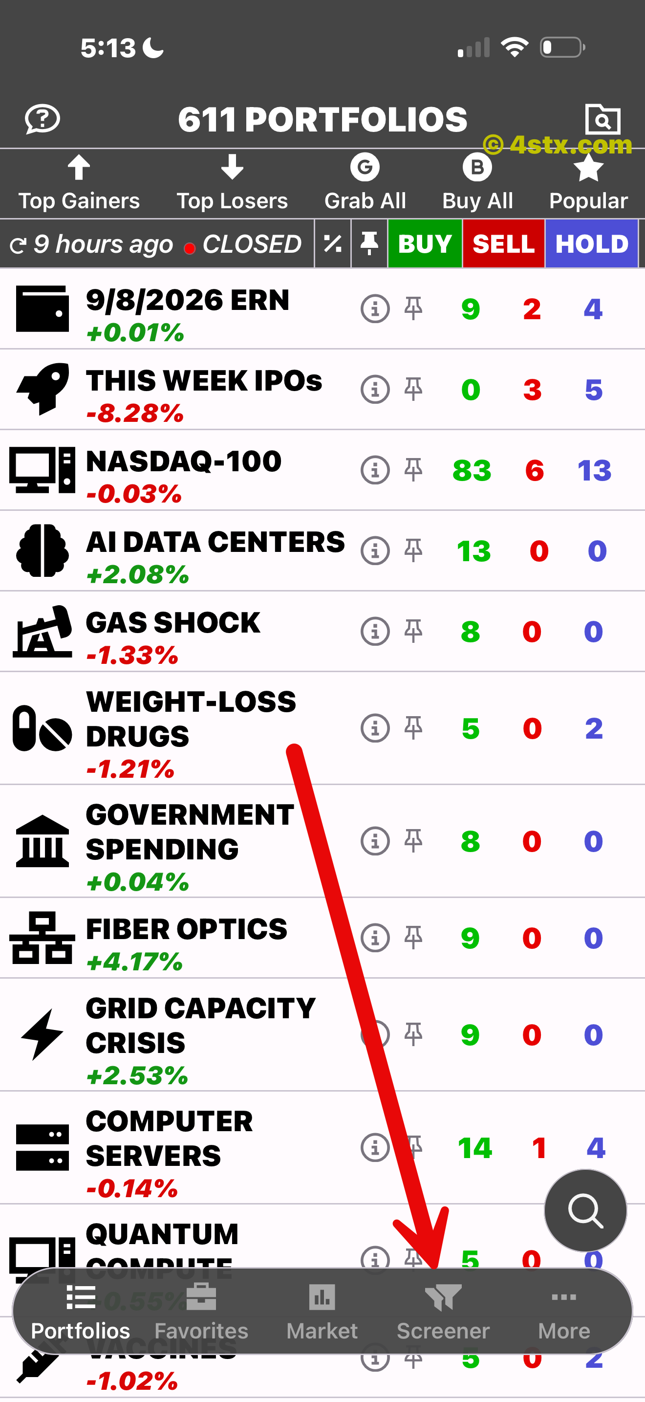 Red arrow pointing to the Screener tab in StockRank