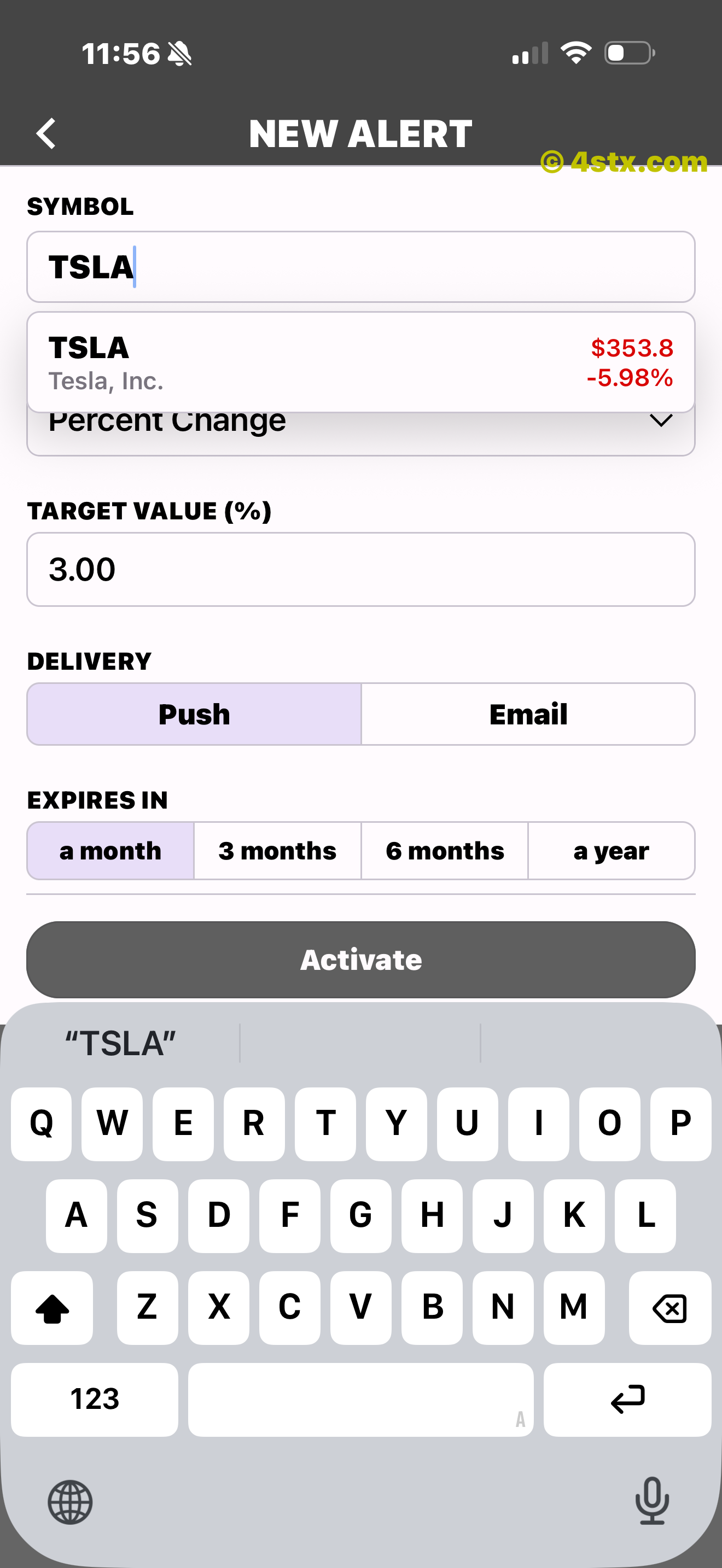 New alert form with ticker, condition, delivery, expiration, and activate controls