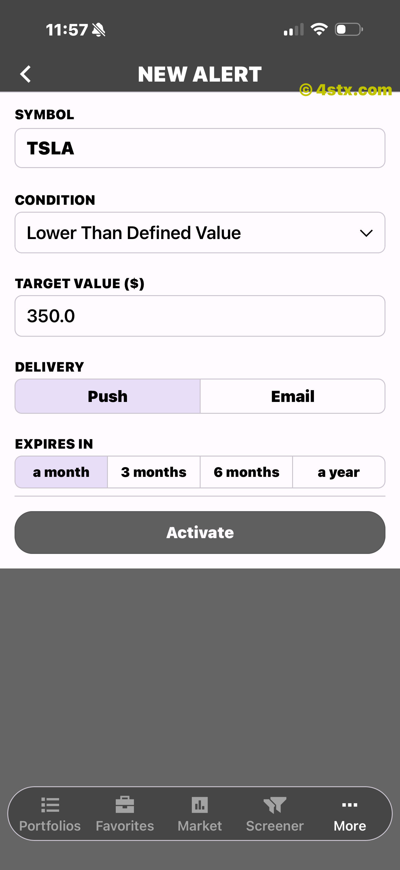 Example TSLA lower-than-value alert ready to activate