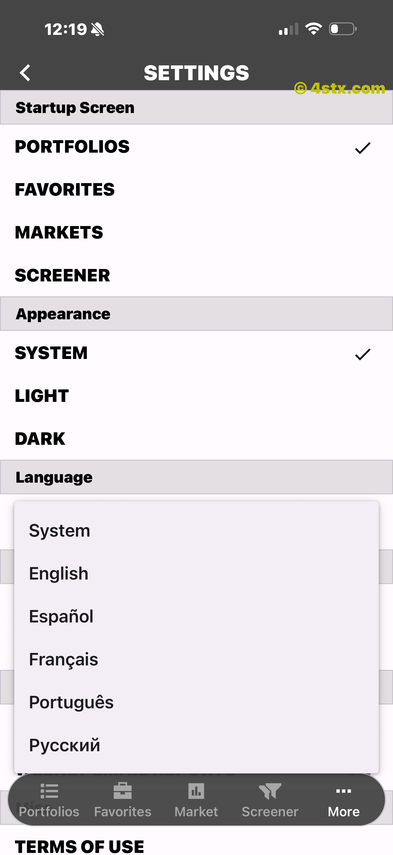 Language menu listing six visible language choices