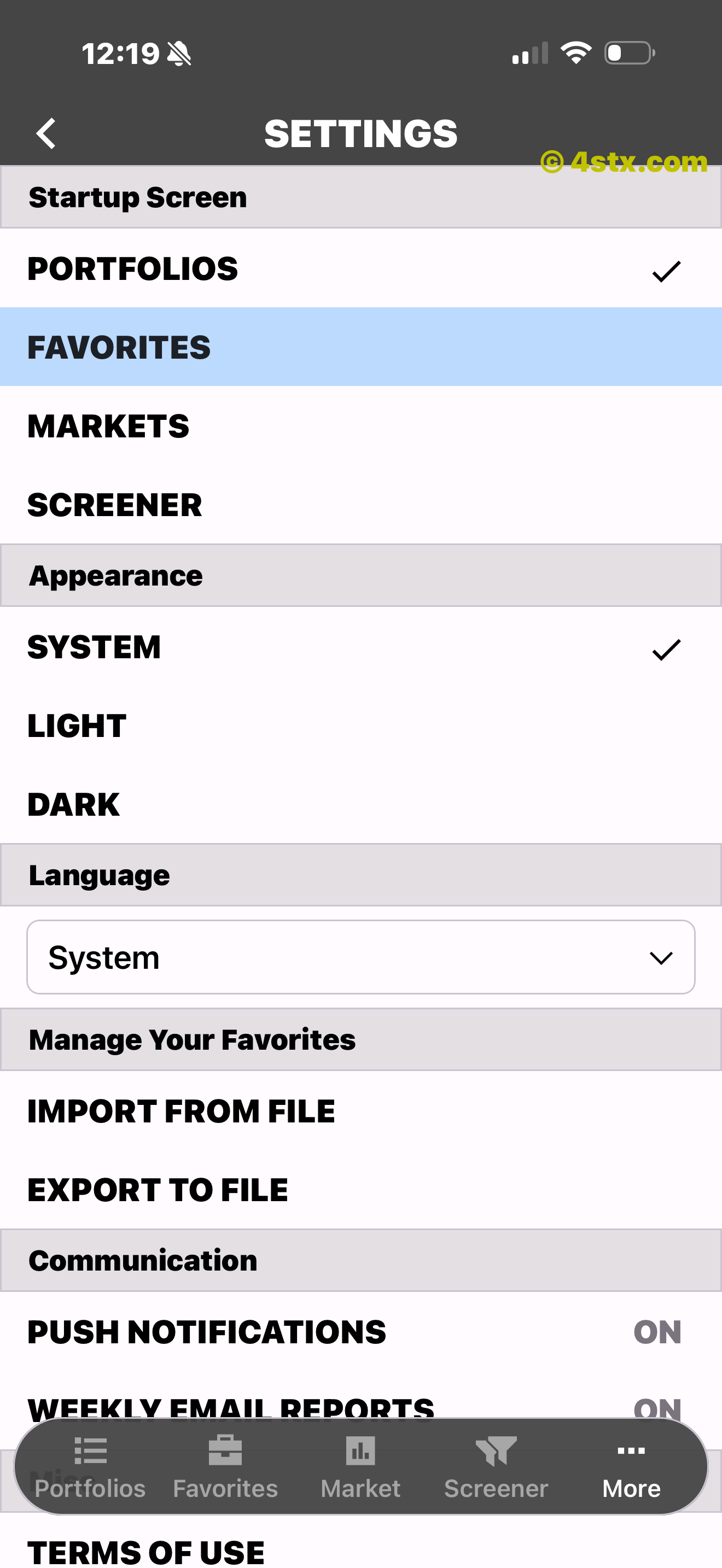 StockRank Settings with startup, appearance, language, favorites, and communication options